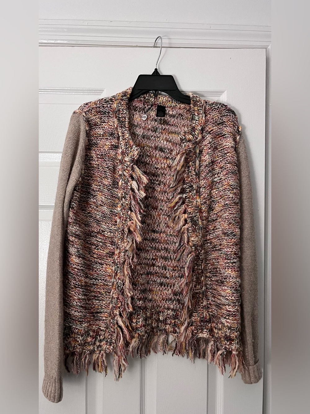 BKE Multicolor Fringe Open-Front Cardigan with Cream Sleeves